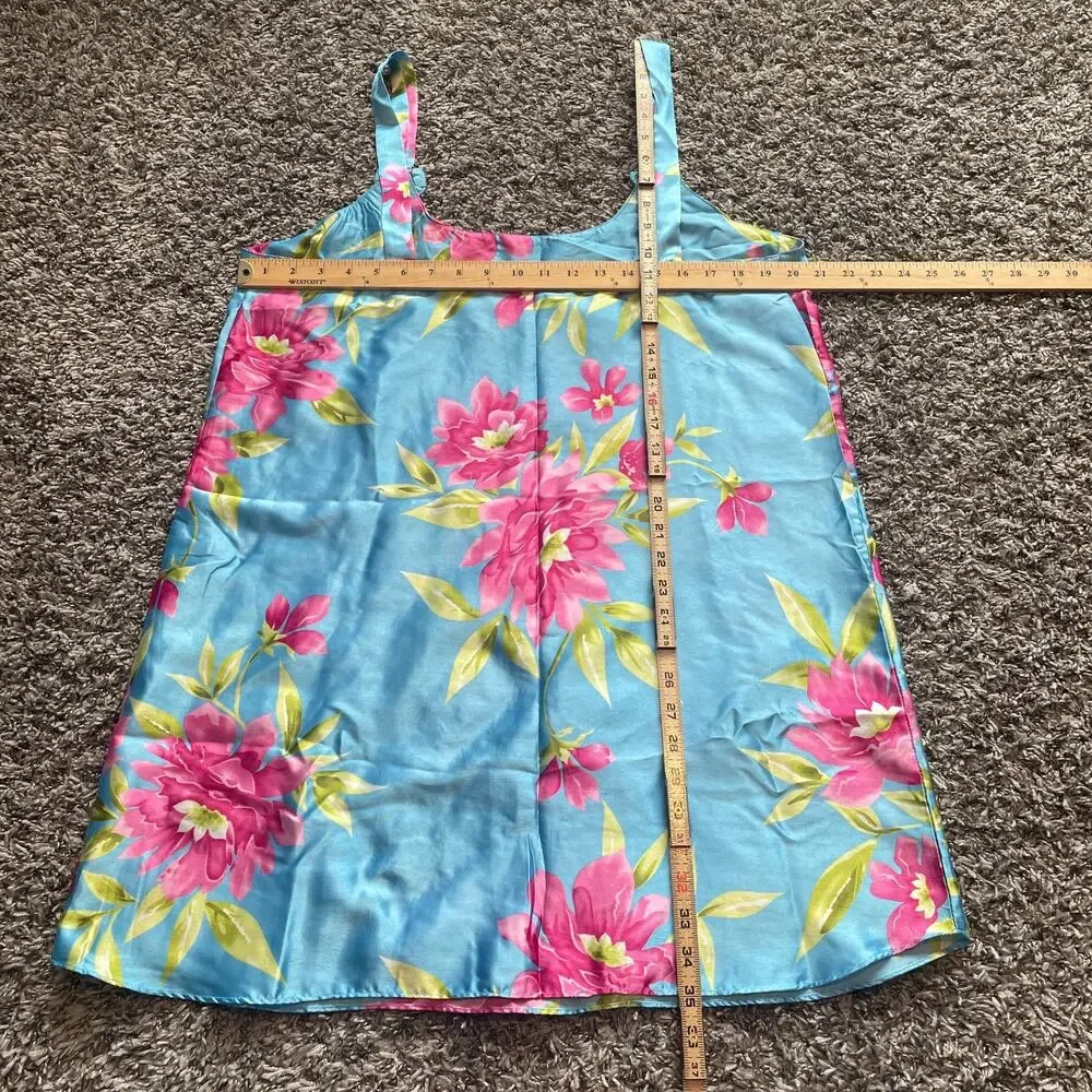 Short Slip Dress Size XL Blue Pink Floral Silky Satin Lingerie Sleep Feminine